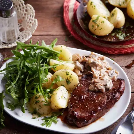 Rump steak with mushroom sauce & baby potatoes