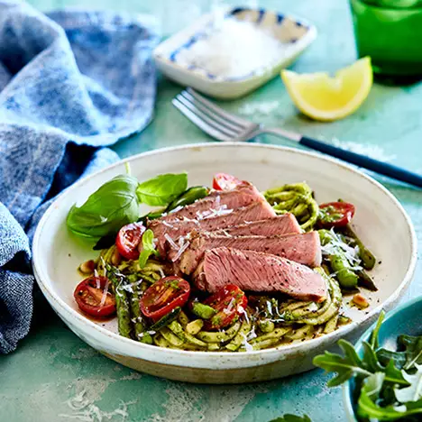 Scotch fillet with pesto zucchini noodles